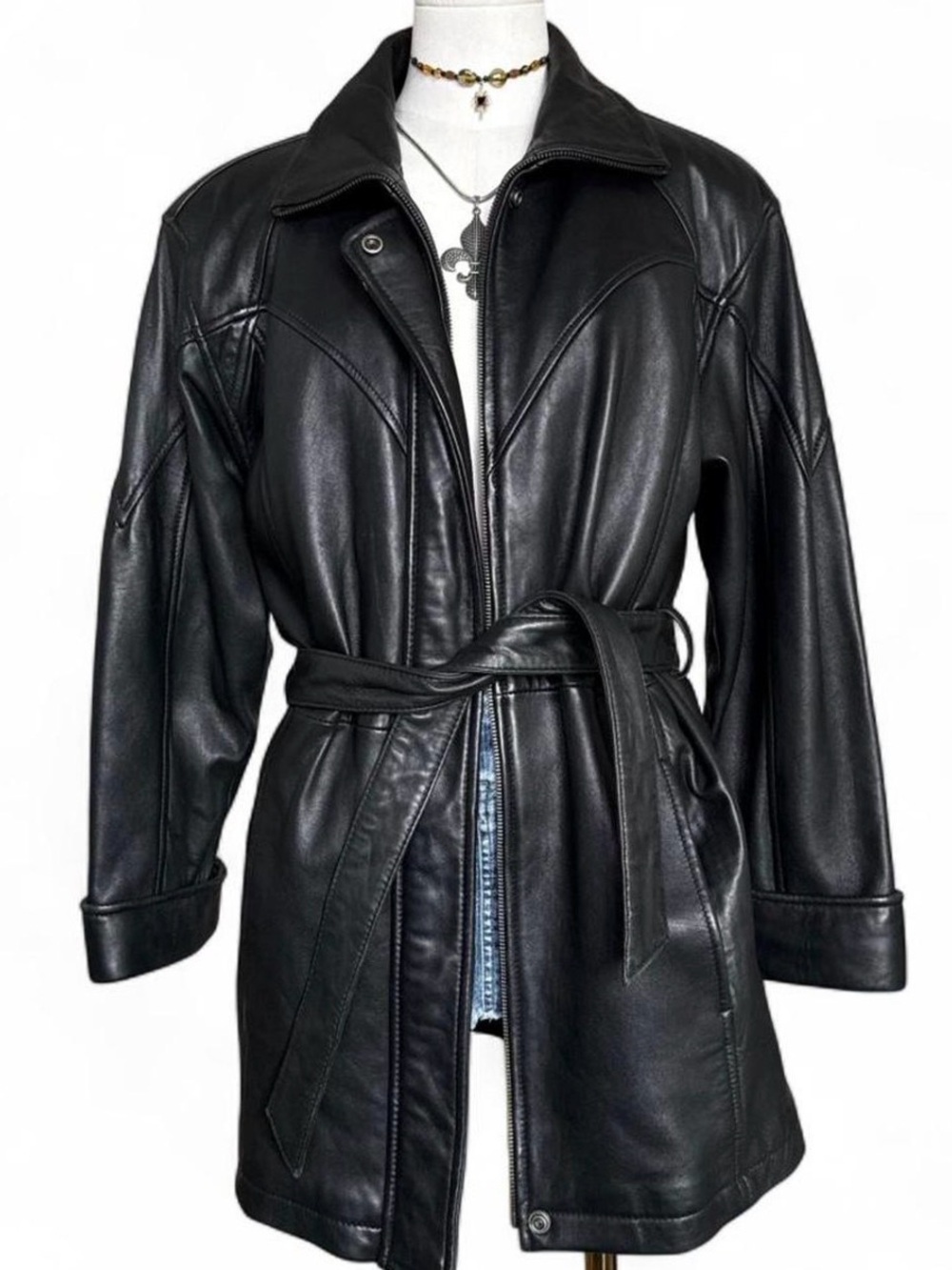 Wilsons Leather Black Leather Belted Trench Coat